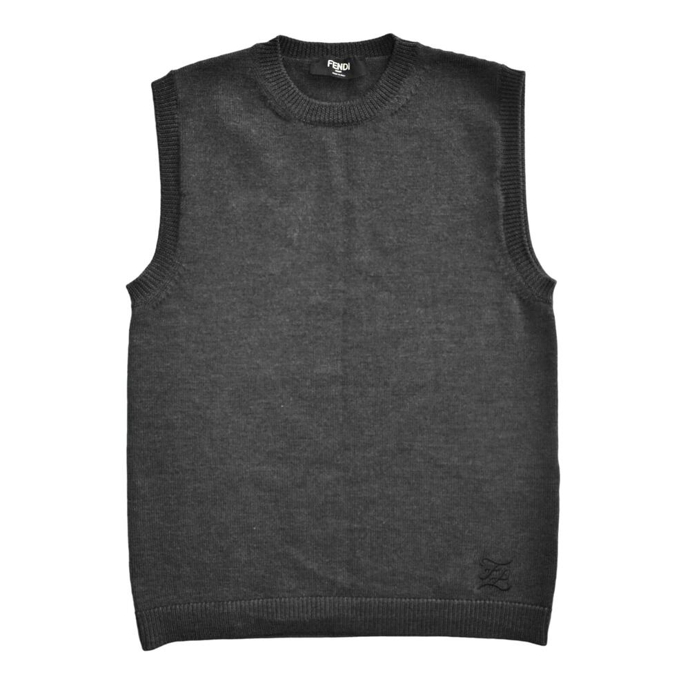 C0 Auth FENDI Dark Grey Wool Knit W/Logo Crewneck Pullover Sweater Vest Size 46